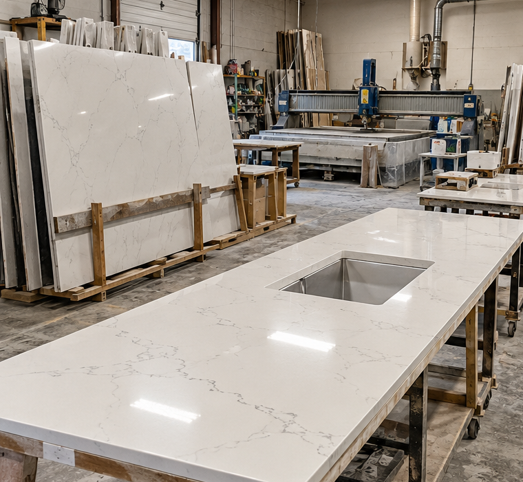 White quartz countertop fabrication — PrestigeCore